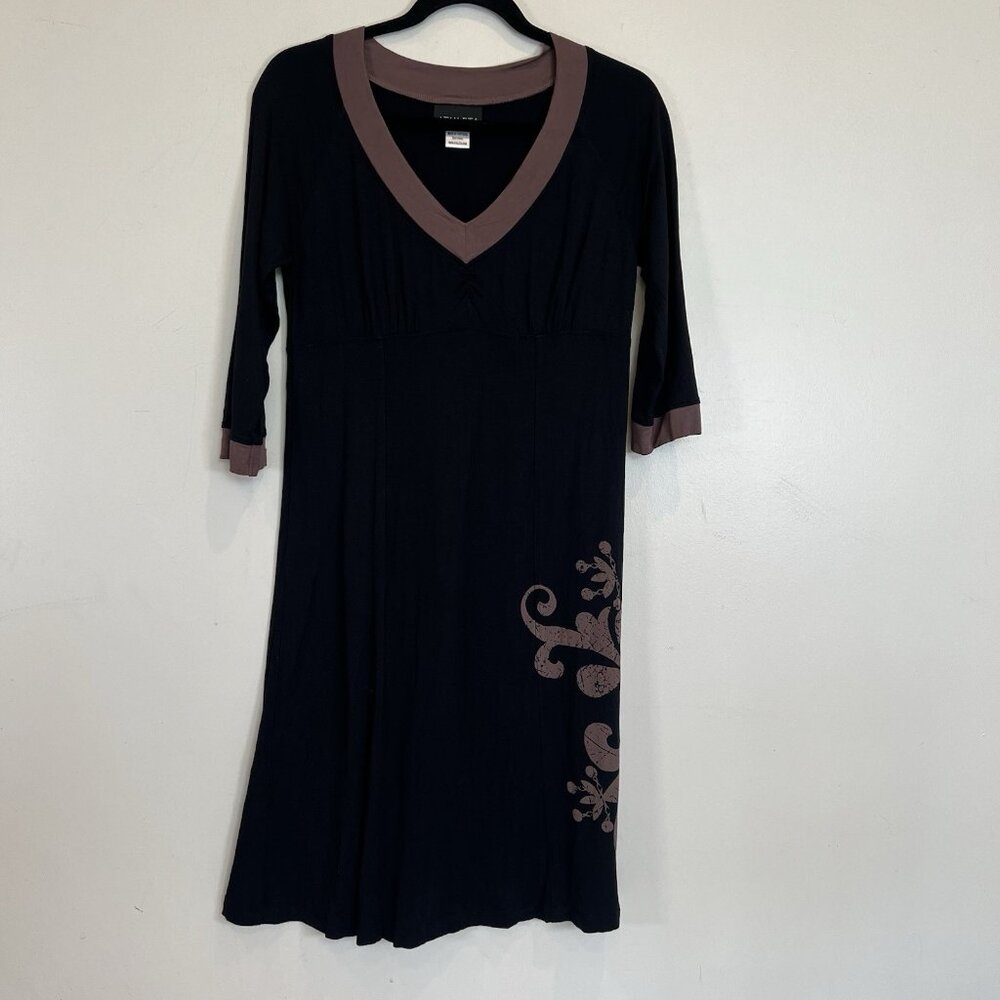 Athleta Black Dress Viscose Spandex V-Neck Floral Brown Trim M